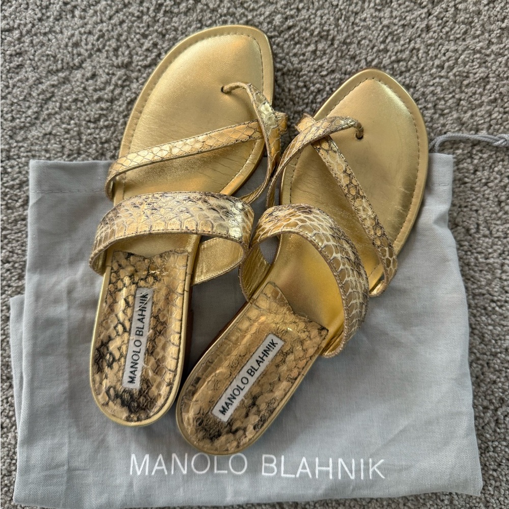 Manolo Blahnik Susa Sandal Gold Wash Snake Skin 37.5